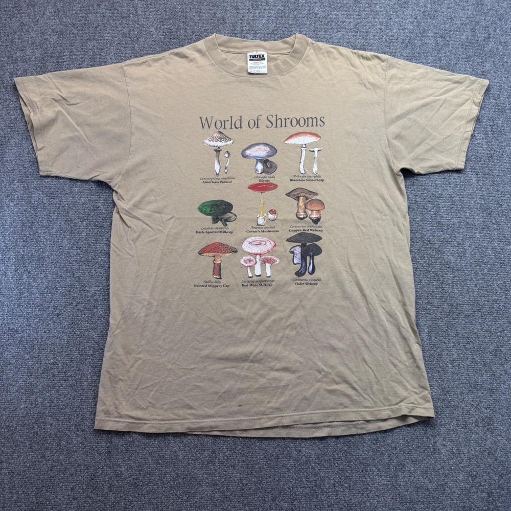 Vintage Tultex World of Shrooms Mushroom Graphic T-Shirt Tan Mens XL Nature Tee